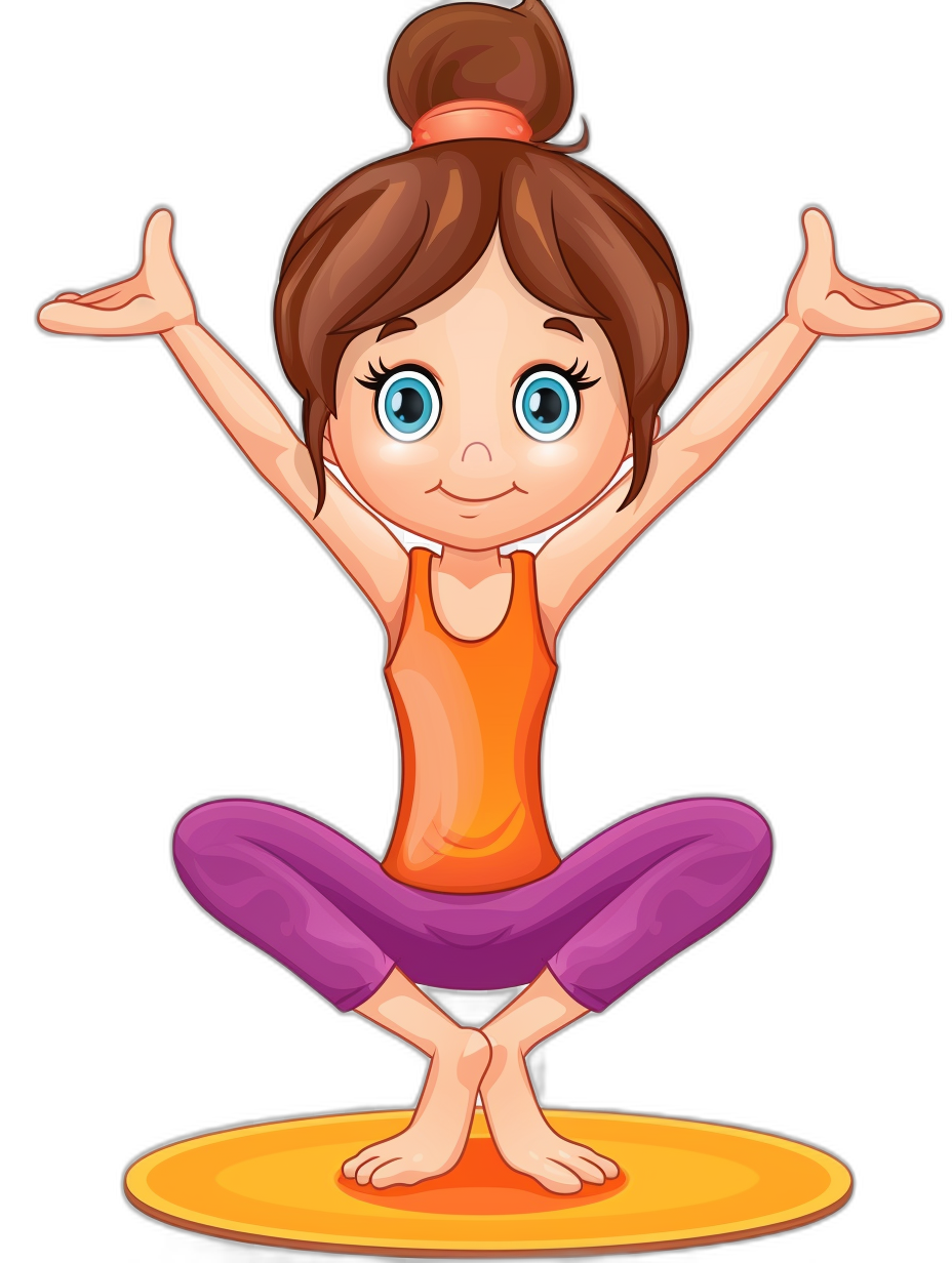 cartoon vector of little girl doing yoga, black background, simple, cute, fun cartoon style, wearing orange tank top and purple pants with blue eyes and brown hair in bun