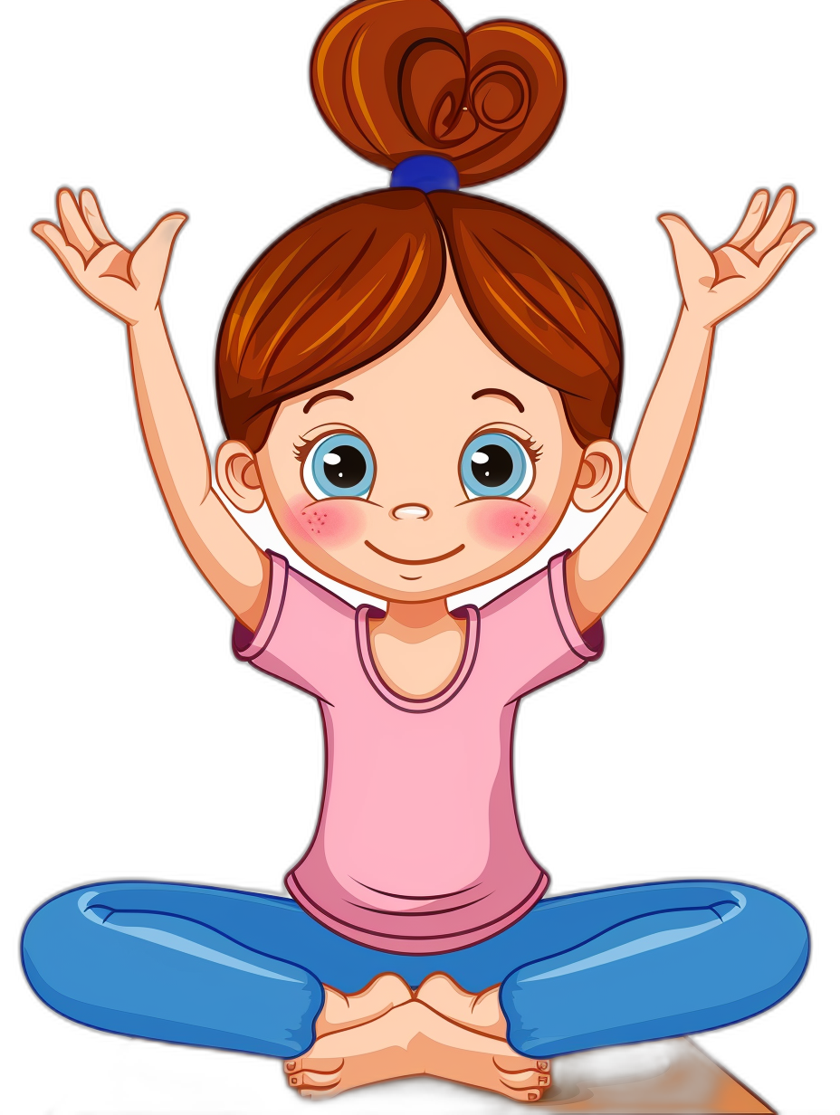 cartoon clip art, The little girl is doing yoga with her hands raised above her head and sitting on top of an acrobatic mat, wearing a pink t-shirt and blue pants. Her hair was tied in a ponytail, smiling happily. Black background.