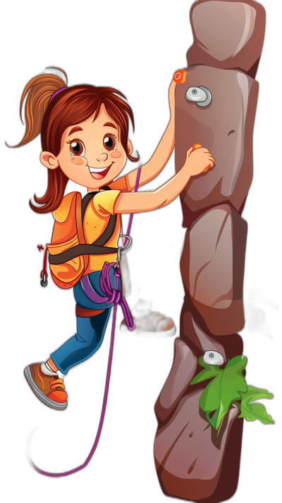 A cute girl climbing a rock wall in a vector cartoon illustration for a children's book in the style of EPubliclyLA with a solid black background, clip art sticker style, colorful illustrations, cartoon characters, high resolution, high quality.