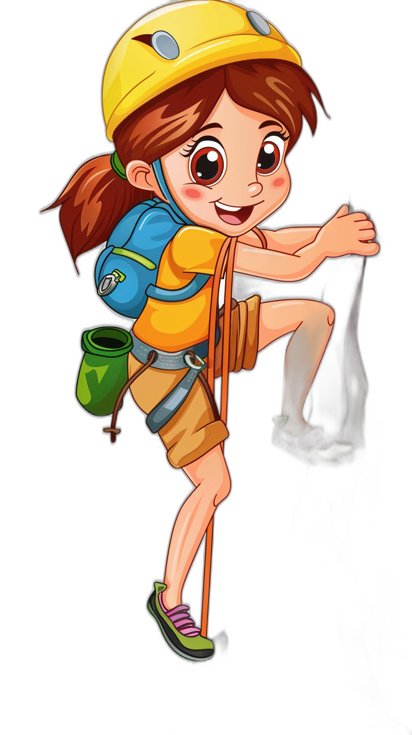 A cartoon girl is climbing, wearing mountaineering equipment, on a black background, in the vector illustration style, with simple lines and bright colors, in a full body portrait side view. She is holding the rope with one hand to climb up, with long brown hair, big eyes, a cute smile, wearing a yellow helmet on her head and carrying a green backpack hanging from her shoulder, in the style of cartoon clipart, on a plain blank black background with no shadow.