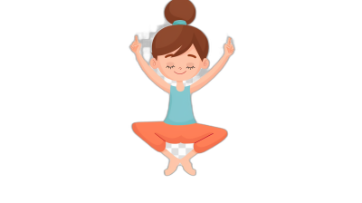 A cute girl doing yoga in the style of clip art, with a simple drawing and solid black background in the style of a cartoon character design. She is sitting on the floor with her legs crossed and floating in air, wearing yoga  in a yoga pose. She has brown hair tied into two pigtails worn up high on top of her head in one large bun, with her eyes closed and a smiling expression. The full body view is a simple flat illustration with simple flat color blocks and simple lines and details. It is a simple 2D vector graphic with isolated object and no shadow behind it.