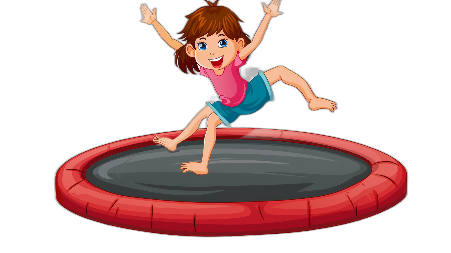 A cartoon girl jumping on the trampoline, simple flat style, black background, simple design, vector illustration, cartoon character, high resolution, high detail, simple details, high quality, high definition, high resolution, 2D game art, simple colors, cartoon cute