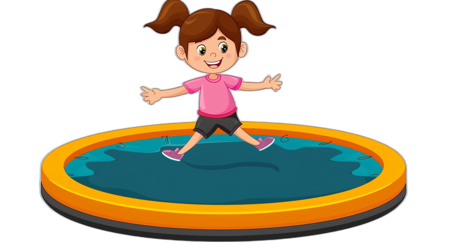 A cartoon girl jumping on the trampoline in a flat illustration style with simple and bright colors against a black background. The cartoon character design uses a simple coloring page style. The little cute girl is wearing a pink short sleeves with red shorts and white shoes, standing in front of an orange circular ring that floats above blue water. She has brown hair tied into two pigtails, big eyes, smiling happily as she jumps up from her feet.