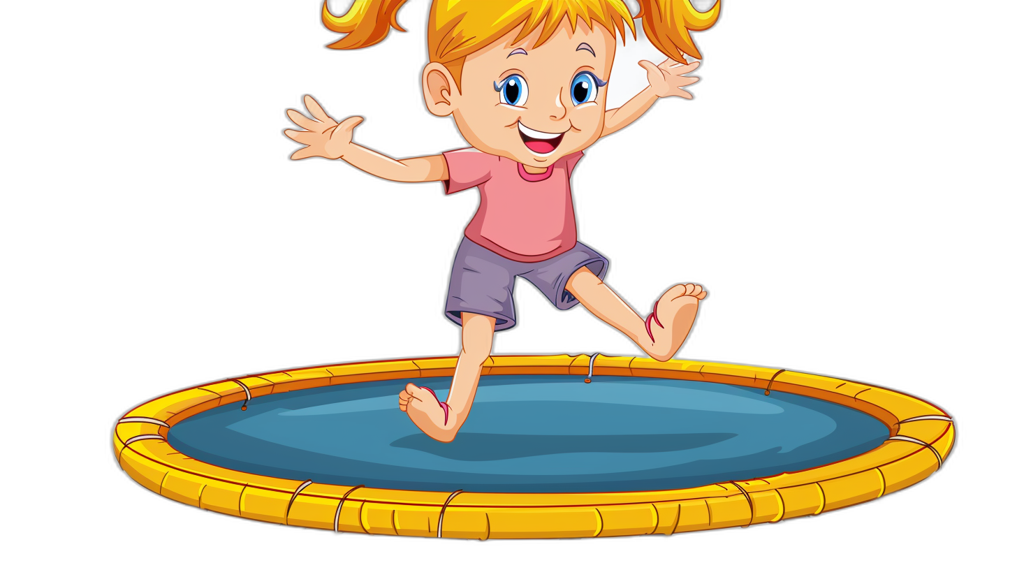 A cartoon girl jumping on a trampoline, with simple lines in a vector illustration style, on a black background, with a cute expression and happy face, using bright colors, in the style of a cartoon character design, resembling cartoon animation, similar to children’s book illustrations, with high definition resolution and high details, for the best quality and resolution.