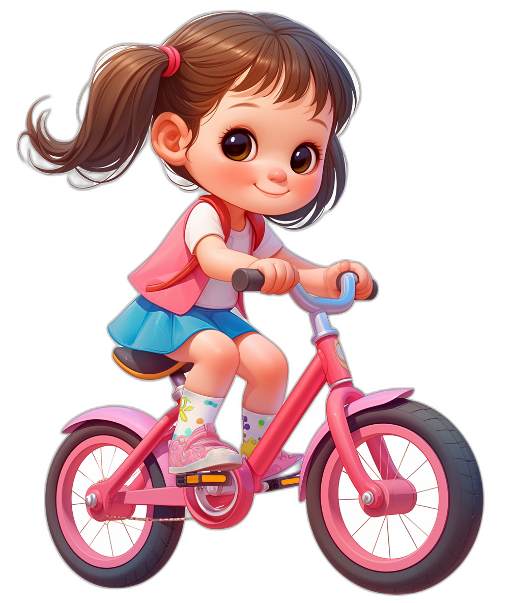 A cute little girl is riding her pink bike in the style of cartoon style. It is a Disney Pixar character illustration against a black background with a colorful pink color scheme. She has a happy expression, big eyes, cute hair accessories and is wearing pink shoes. The illustration is in a simple strokes children’s book style with high definition details and high saturation.