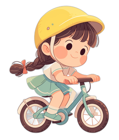 Cute girl riding bicycle, in the style of chibi style character design, wearing a yellow hat and green dress, on a simple black background, colorful cartoon illustration, high quality.