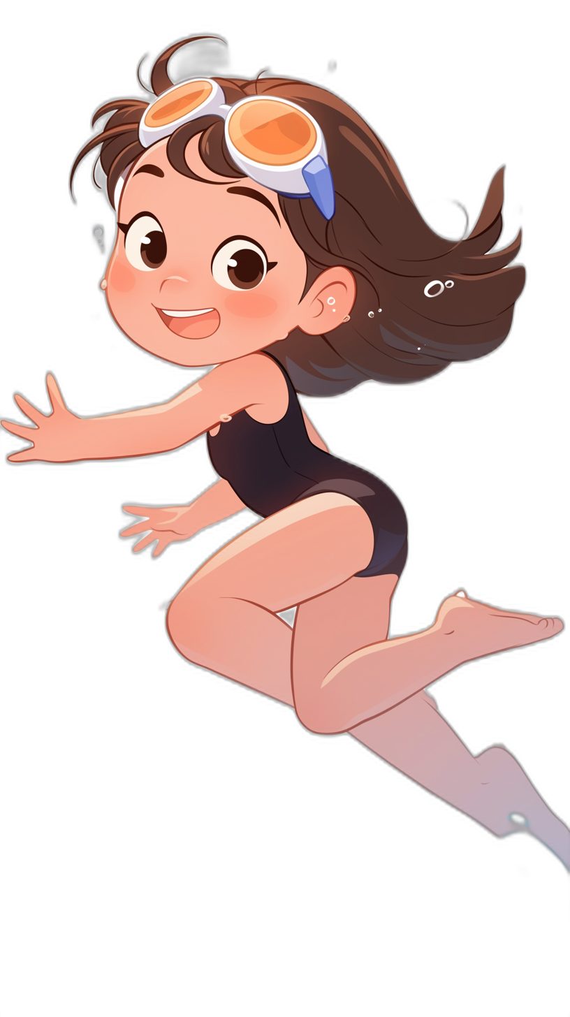 A cute girl in black swimming suit, white stockings and diving goggles is jumping up on the air. The background color of cartoon style is pure black. She has short brown hair with bangs, big eyes, smiling face expression, simple  design, and Disney style illustration effect. High definition resolution.