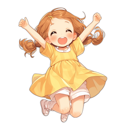 A cute little girl with light brown hair, wearing a yellow dress and white socks is jumping up happily against a black background in the style of anime.