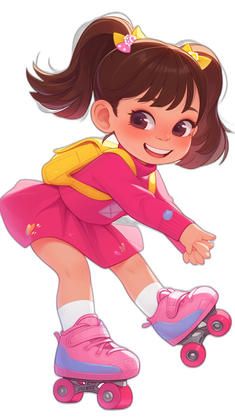 Dora the explorer, roller skating in pink dress and white socks on black background, cartoon style, vector illustration, full body portrait, front view, cute face expression, high resolution, high detail, high quality, high contrast, bright colors, pink outfit with yellow backpack, blue eyes, smiling mouth, pink shoes, short brown hair