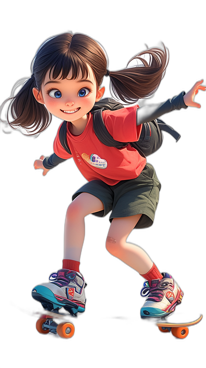 A cute little girl with pigtails, wearing red short sleeves and black shorts is skateboarding on a skateboard in the style of Disney Pixar animation. She has blue eyes, long eyelashes, a smiling face, and wears sneakers. The overall color scheme of her  includes bright colors such as pink or orange, which adds to her cheerful personality. The design has a Disney style cartoon character design with 3D rendering on a black background in high resolution.