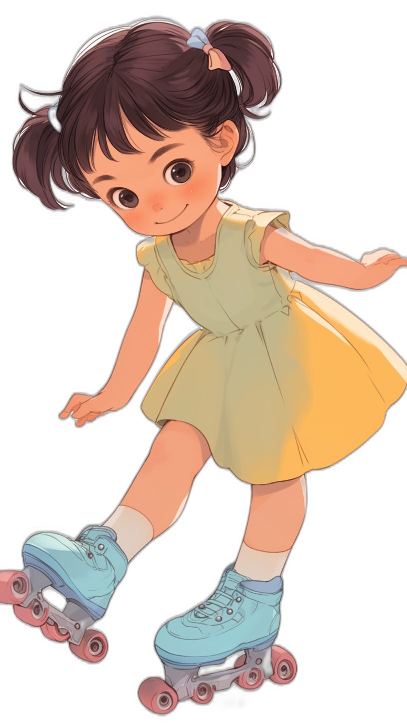 A cute little girl with brown hair in pigtails, wearing blue roller skates and a light yellow dress against a simple background. The artwork is in the style of Qversion manga with a cartoon animation character design and high definition resolution and details showing a full body portrait of high quality.