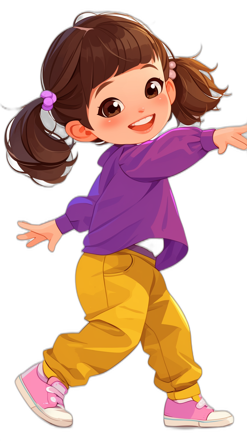 Cute cartoon girl in a purple shirt and yellow pants, in a dancing pose, against a black background, in the cute style, with colorful , pink shoes, brown hair in pigtails, with a smiling face, in the style of Disney Pixar animation, with a character design. High resolution.