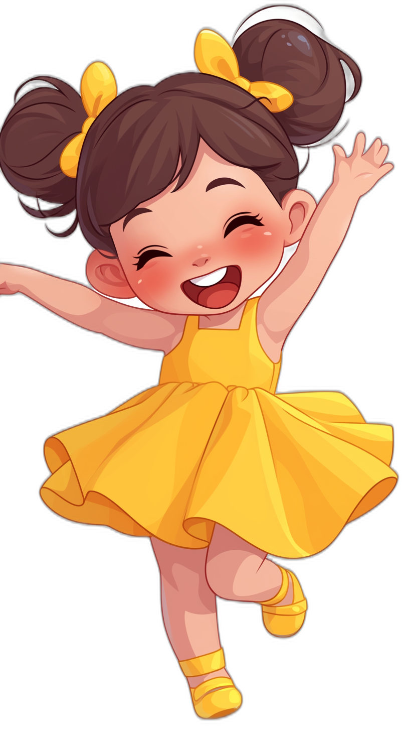 Cute cartoon girl in a yellow dress dancing and laughing against a black background in the style of a cute simple chibi anime character design. The illustration is high quality, colorful, high resolution and high detail.