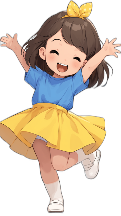 A cute little girl wearing a blue short-sleeved t-shirt and yellow skirt, white shoes, smiling happily with her hands raised in the air as she jumps up. Black background. The illustration style is in the style of anime. She has medium brown hair and bangs that cover one eye. Her eyes have black eyeliner around them.