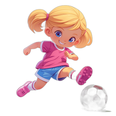 A cute blonde girl in a pink shirt and blue shorts kicking a soccer ball in the style of Disney Pixar, in a cartoon style with a black background, pink shoes, big eyes, and a happy face.