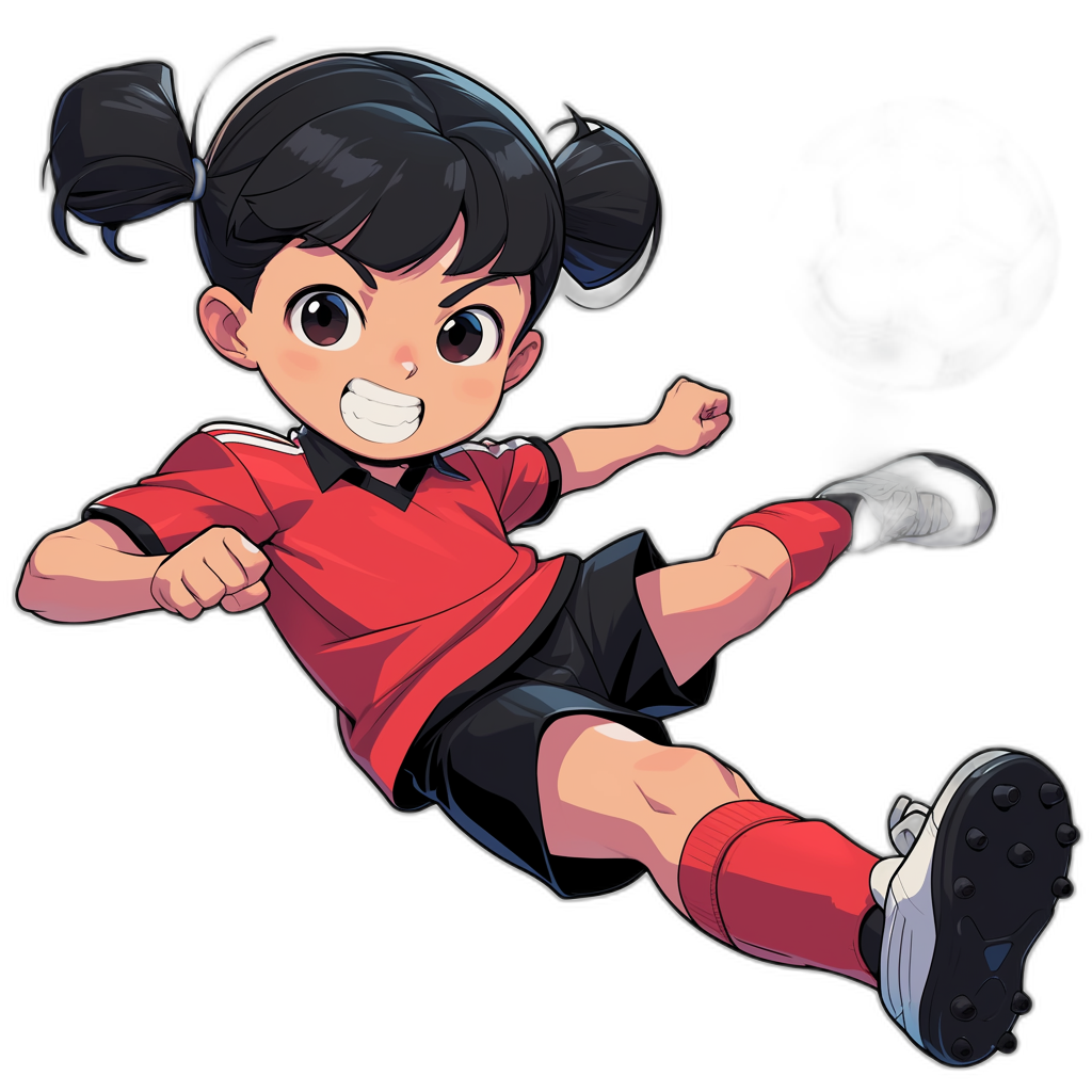 A cute little girl in a red and black soccer uniform, smiling while kicking the ball. The character design has a Japanese anime style with cartoonish features, high contrast, and a black background. The rendering is highly detailed with textures of the , and a playful expression on her face. She has black hair tied back in pigtails and is wearing black shoes. She is playing football in an indoor setting. Her attire includes short shorts, a shirt with the sleeves rolled up to her shoulders, and knee-high socks. The style is reminiscent of a Japanese anime artist.