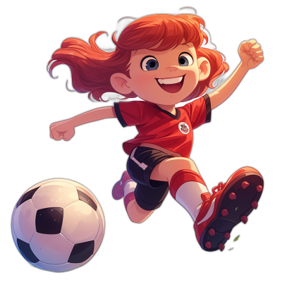 A cute red haired girl kicking a soccer ball, wearing black shorts and a football jersey, with a smiling face, in the style of cartoon, on a black background, in a 2D game art style.