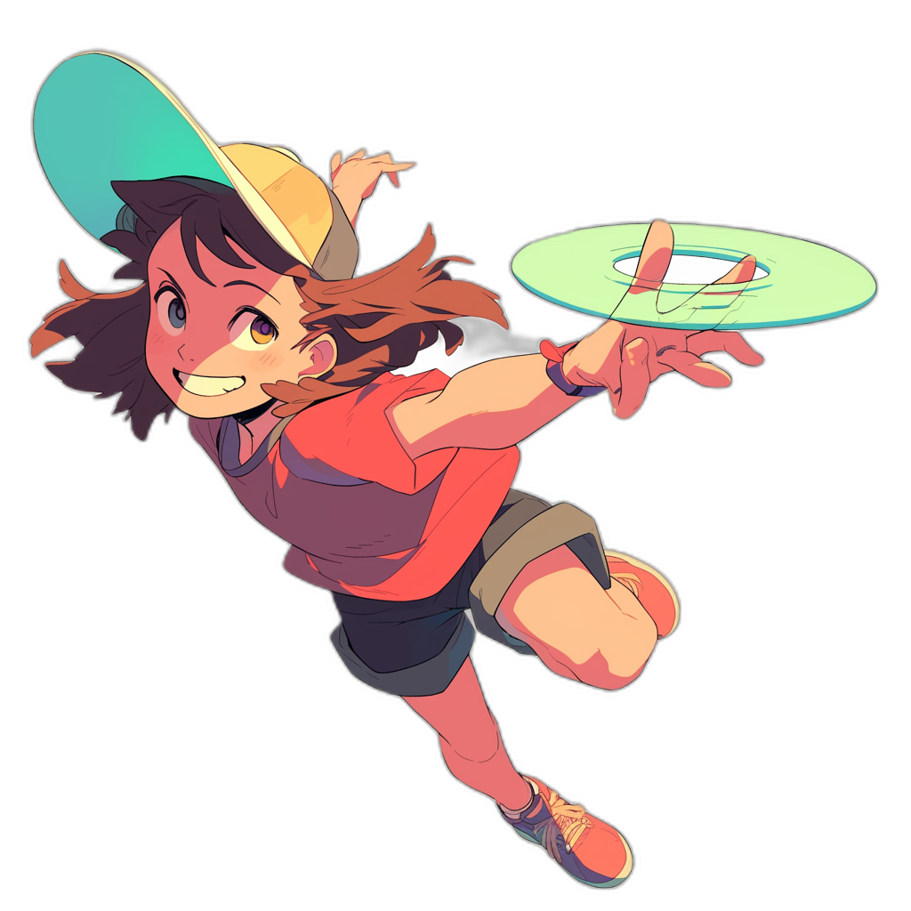 A girl in an anime style is playing frisbee in the style of cartoon character design with simple lines against a black background like 2D game art. She is drawn in a 3/4 profile with bright colors and a cartoonish simplicity featuring exaggerated movements. She wears a red top with short shorts and orange shoes on her feet. Her hair was tied back by a hat she wore on her head. The flying frisbee plate is green and blue. With one hand on his right arm he holds onto a yellow string that hangs from above, while throwing it away with both hands to play frisbee.