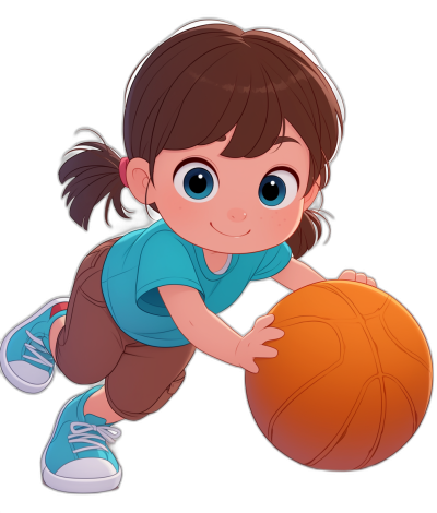 A cute little girl is playing basketball with a simple background and flat illustration style in the cartoon character design style. She is wearing colorful , blue shoes and has black hair in a brown short ponytail with big eyes. She is holding the ball in both hands and ready to shoot it. The illustration is in high definition quality with a solid color background and high resolution, in the style of .