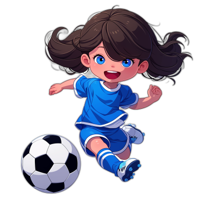 A cute little girl with dark brown hair in a blue soccer uniform and white shoes kicking a ball, vector illustration for a tshirt design, black background, in the style of anime.