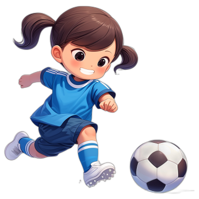 a cute little girl playing soccer, wearing blue jersey and white shoes, cartoon style, simple black background, chibi character design, full body shot, cute hairstyle with two pigtails in the back of her head, brown hair color, smiling face expression, big eyes, cartoon art style, shooting pose to hit ball, ball is flying towards camera, cartoon football icon on side