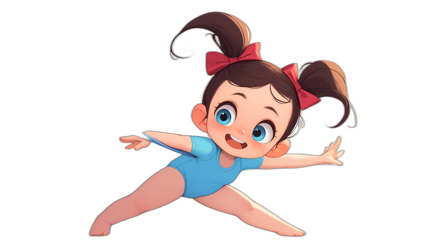 A cute little girl with big eyes, brown hair in pigtails with red bows is wearing blue leotards doing gymnastics somersaults on a black background, in the style of Disney Pixar cartoons.