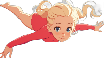 A blonde girl with blue eyes in red is flying, top view, closeup of her face, cartoon style, black background, in the style of [Hayao Miyazaki](https://goo.gl/search?artist%20Hayao%20Miyazaki) and [Makoto Shinkai](https://goo.gl/search?artist%20Makoto%20Shinkai).