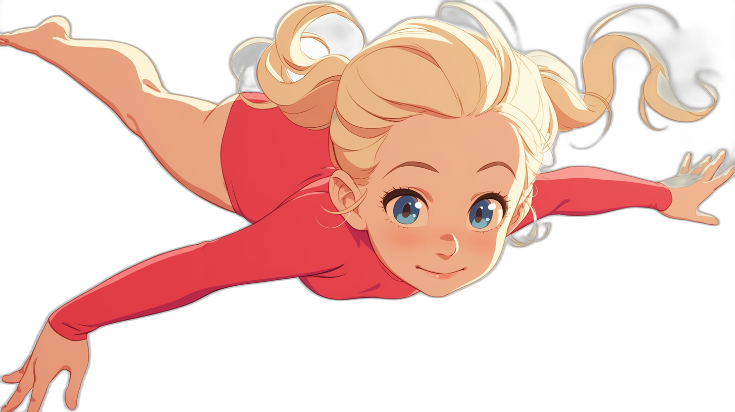 A blonde girl with blue eyes in red is flying, top view, closeup of her face, cartoon style, black background, in the style of [Hayao Miyazaki](https://goo.gl/search?artist%20Hayao%20Miyazaki) and [Makoto Shinkai](https://goo.gl/search?artist%20Makoto%20Shinkai).