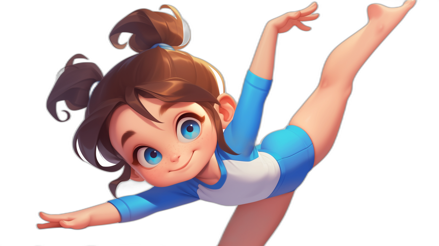 A cute cartoon girl gymnast in blue and white costume, doing a somersault on a black background in the style of Disney, with a character design reminiscent of Disney Pixar, the illustration shows a cartoon face with big eyes, brown hair in pigtails, in a playful pose. It is a colorful illustration with smooth rendering, simple lines, simple shapes, simple details, a simple composition, simple shadows, from a low angle shot. The image is high resolution, high quality, and high in detail.