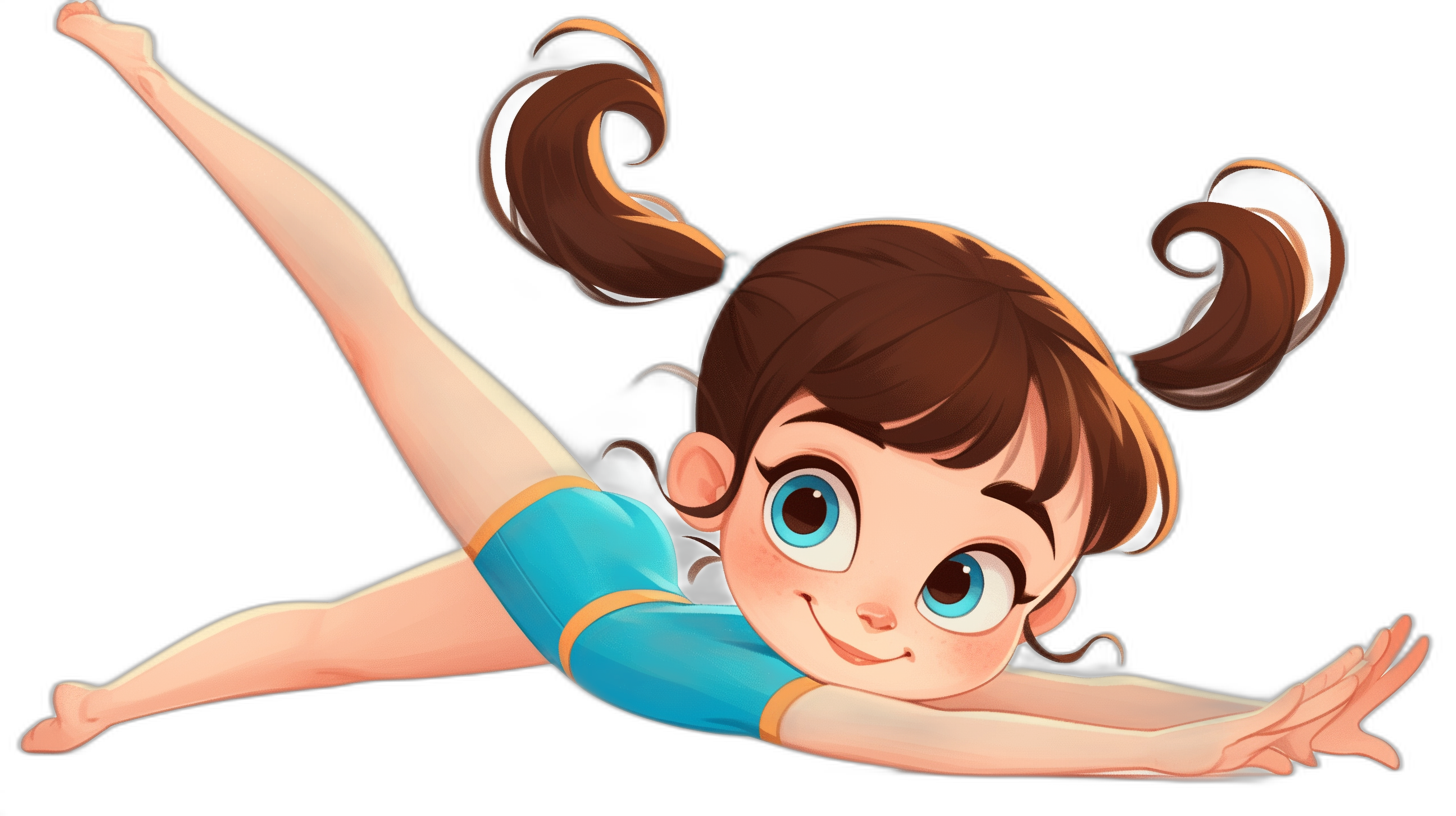 Cute cartoon girl doing gymnastics in the style of Disney, black background, cute expression, brown hair in pigtails, blue and white jersey with gold accents, lying on the ground reaching forward to do somersaults. High resolution, high quality, high detail, high definition, perfect details, perfect colors, perfect shadows, perfect art design. Pixar style