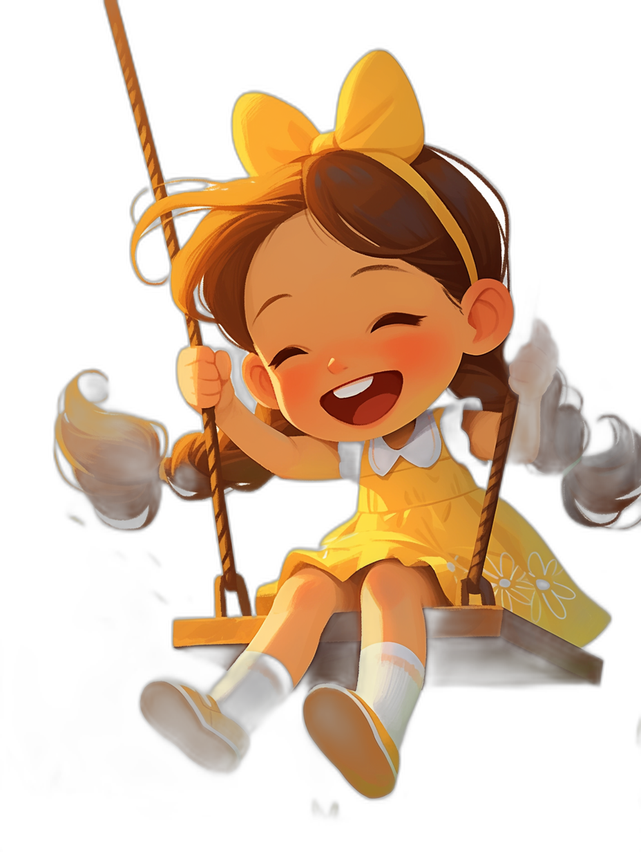 Cute little girl sitting on the swing, happy smile, yellow dress and white socks, black background, Pixar style, 2D game art design style, cute cartoon character illustration, full body shot, high resolution, high detail, high quality