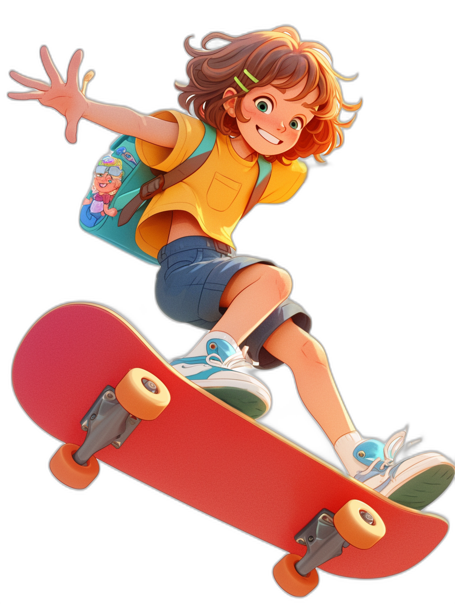 A cute girl is doing skateboarding with a simple background in the cartoon style of Disney Pixar animation. She has a black background with a full body portrait carrying a school bag on her back. She is wearing a yellow t-shirt and blue shorts with white sneakers and has short brown hair with a happy expression. She has a red deck skateboard with high definition details and a perfect art resolution.