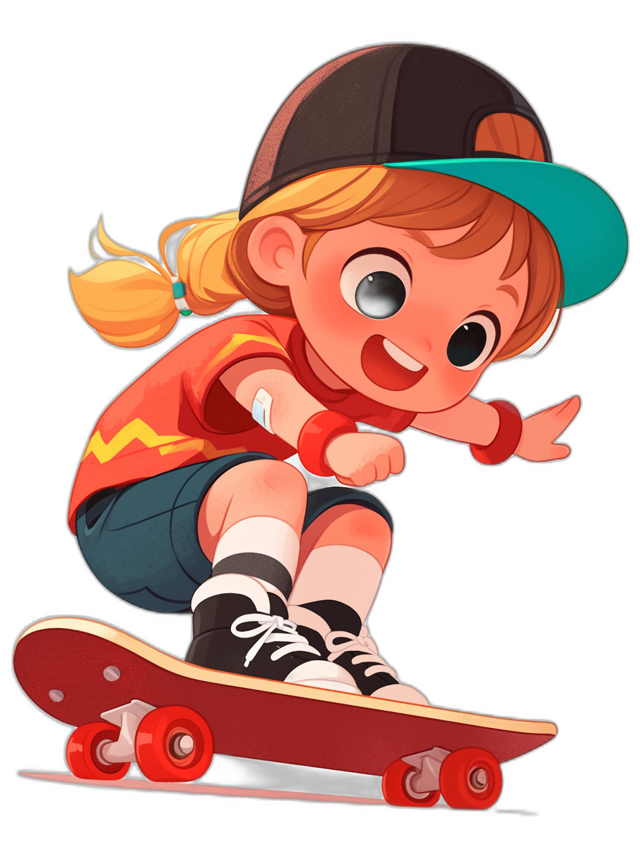 A cute cartoon girl is skateboarding on a black background. The character design is in the style of Pixar and Disney animation studios. It is a 2D flat, full body, high resolution image with super detailed and high quality details. Bright, vivid and vibrant colors are used. She is riding a red skateboard with white wheels and wearing short blue shorts and an orange shirt. A dark green cap sits on her head. She has big eyes, blonde hair.