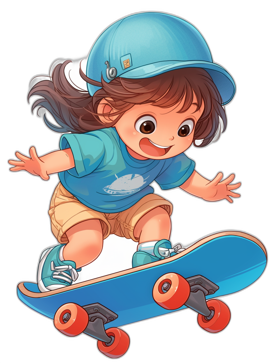 A cute little girl is skateboarding, wearing a blue baseball cap and T-shirt with short sleeves, in the style of cartoon, vector illustration, black background, full body shot, cute expression, wearing shorts on her lower legs, with red wheels on the skateboard. The overall color scheme of characters should be bright, fresh colors, with clear details in  patterns, bright lighting effects, lively movements, conveying vitality in the style of.