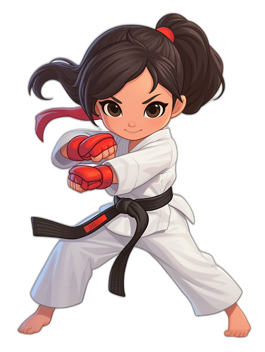 A cute little girl is practicing karate, with black hair and big eyes in white kudy , red belt around her waist, simple cartoon style, vector illustration, full body portrait, black background, flat color application, simple details, no shadows, in the style of [Artgerm](https://goo.gl/search?artist%20Artgerm), anime-inspired character designs with detailed costumes in dark gray and light crimson, charming characters.