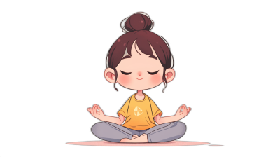 A cute little girl meditating in a vector illustration style on a solid black background with simple lines and flat colors in the chibi character design style. The cartoon art style uses low saturation tones with high resolution. The color of her shirt is yellow and she has her hair in two buns. She sits crosslegged with closed eyes, her hands together in a meditation pose on top of her legs. A small logo symbolizing peace or yoga appears in one corner above her head. There is no text on any part of the illustration.