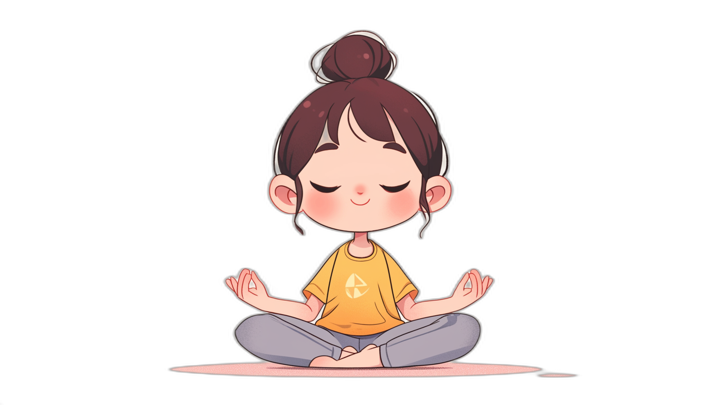 A cute little girl meditating in a vector illustration style on a solid black background with simple lines and flat colors in the chibi character design style. The cartoon art style uses low saturation tones with high resolution. The color of her shirt is yellow and she has her hair in two buns. She sits crosslegged with closed eyes, her hands together in a meditation pose on top of her legs. A small logo symbolizing peace or yoga appears in one corner above her head. There is no text on any part of the illustration.