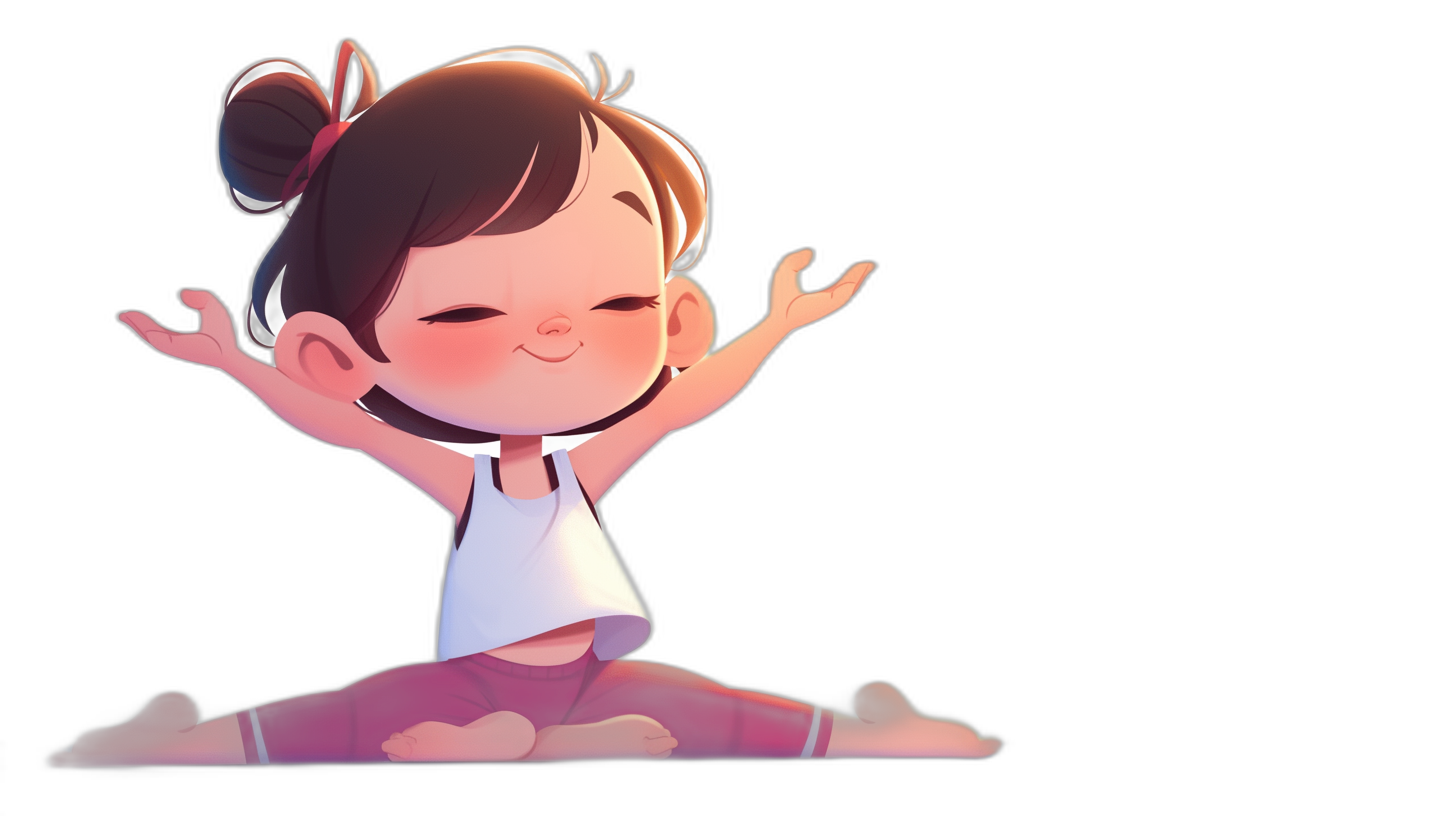 A cute little girl doing yoga in a simple chibi style in the Disney Pixar cartoon animation style, with a simple black background, cute and adorable. She is smiling with her eyes closed while stretching in the air. The colors include a white tank top and pink leggings. She has brown hair styled into two pigtails that are tied back in the style of small buns on each side. Her skin tone was slightly tanned due to sunbathing for several days. A plain black background can be seen behind her.