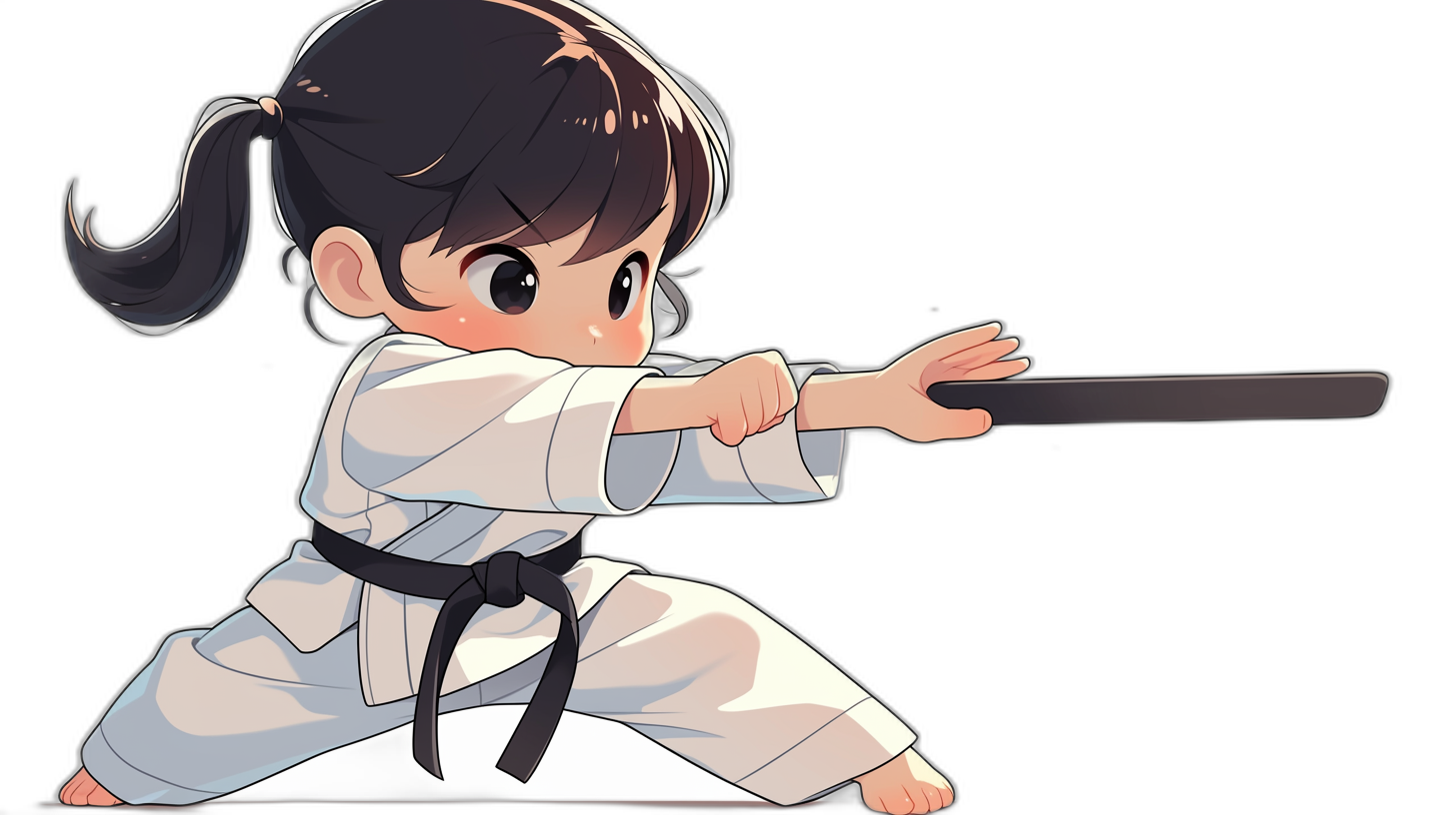 A little girl in a white karate uniform, doing kung fu with a black belt around her waist and holding a sword at her side. She has short hair tied back into two ponytails with simple facial features. In the style of a vector anime cartoon. Black background.