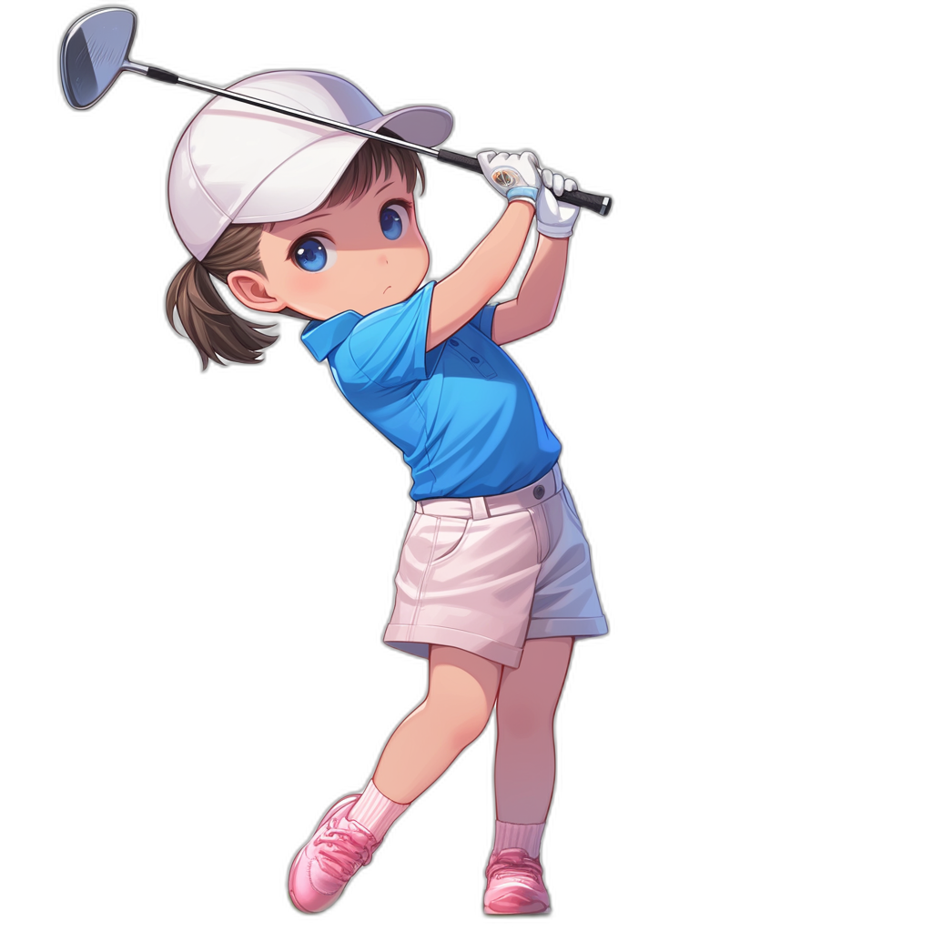 cute chibi girl playing golf, blue shirt and white cap, pink shoes, full body, black background, in the style of anime.