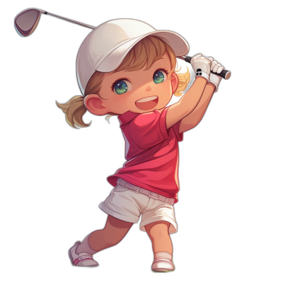 A cute little girl playing golf, smiling and wearing a white cap with a pink shirt and shorts, swinging the club to hit a ball on a black background in the style of chibi anime. She has blonde hair, big blue eyes, red cheeks, a small nose, long eyelashes, mouth open, a full body portrait, high resolution, high detail, colorful, a solid color background.