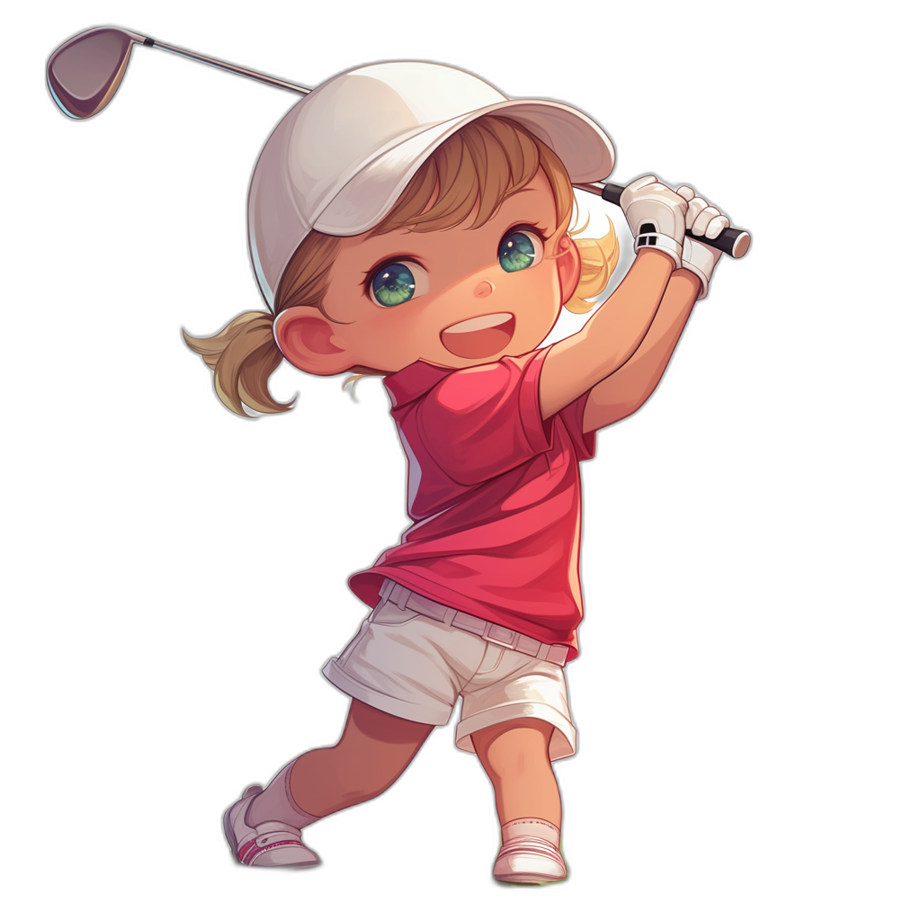 A cute little girl playing golf, smiling and wearing a white cap with a pink shirt and shorts, swinging the club to hit a ball on a black background in the style of chibi anime. She has blonde hair, big blue eyes, red cheeks, a small nose, long eyelashes, mouth open, a full body portrait, high resolution, high detail, colorful, a solid color background.