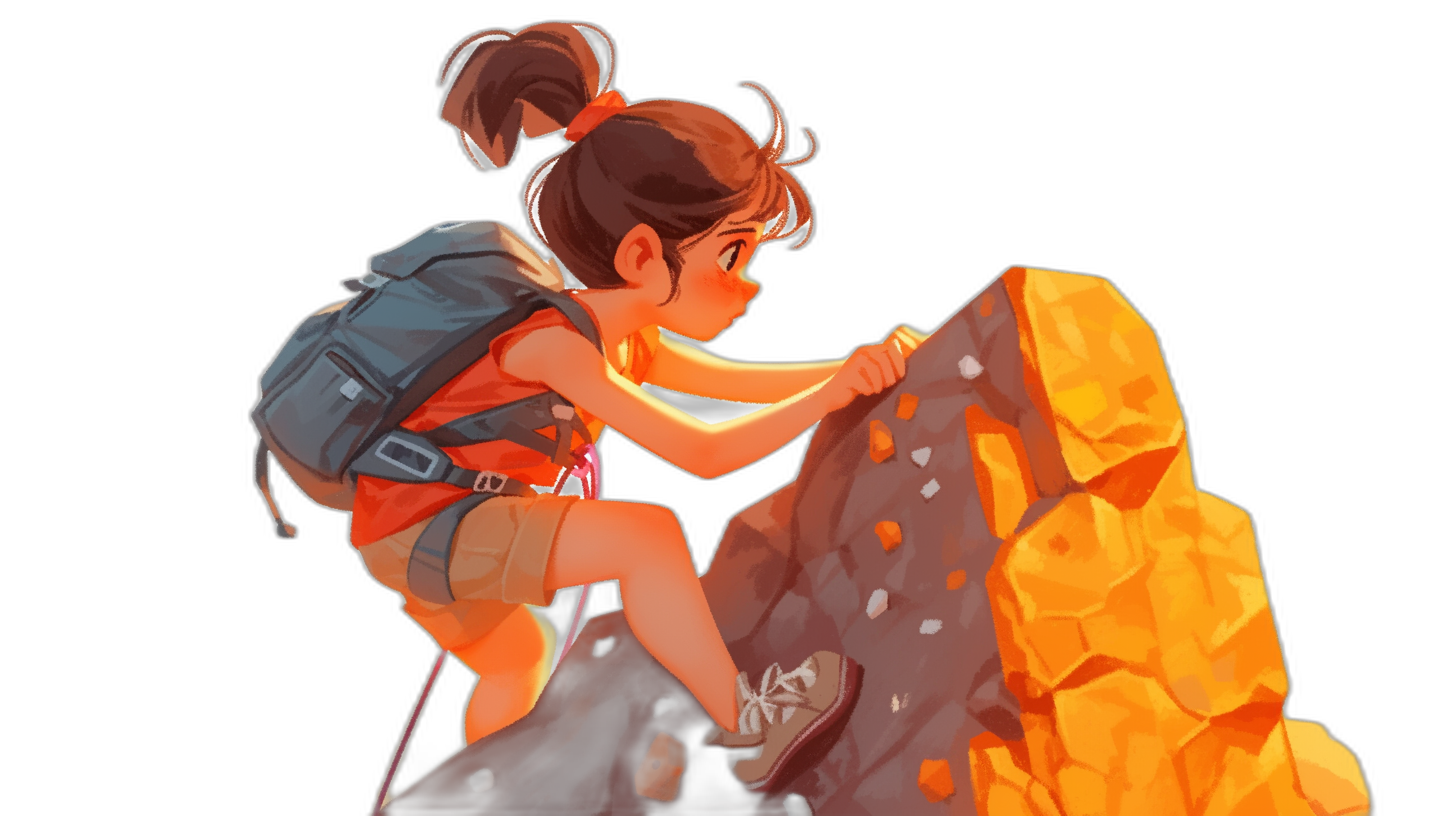 A little girl with short brown hair in pigtails is climbing up the side of an orange rock. She is wearing shorts and hiking boots, with her backpack resting on top of the rock. The background is black, in the pixel art style.