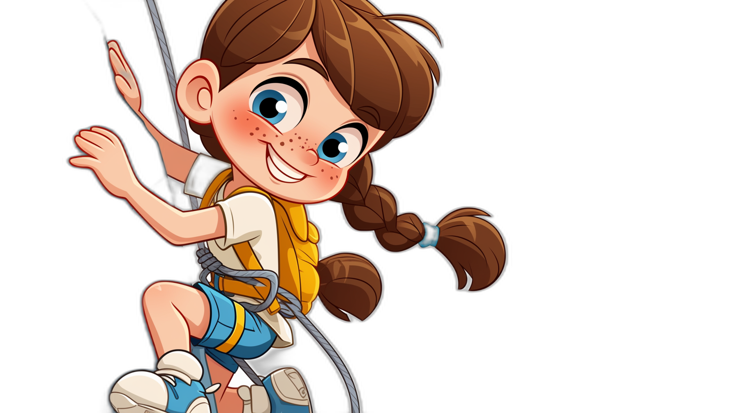 A cute cartoon girl with brown hair in pigtails is climbing on ropes, dressed as an adventure explorer and wearing blue shoes. She has bright eyes and smiles happily at the camera. The background of her fullbody portrait against black can be used for character designs or game graphics. Vector illustration. Cartoon style. In the style of Pixar. Black Background. No shadows.