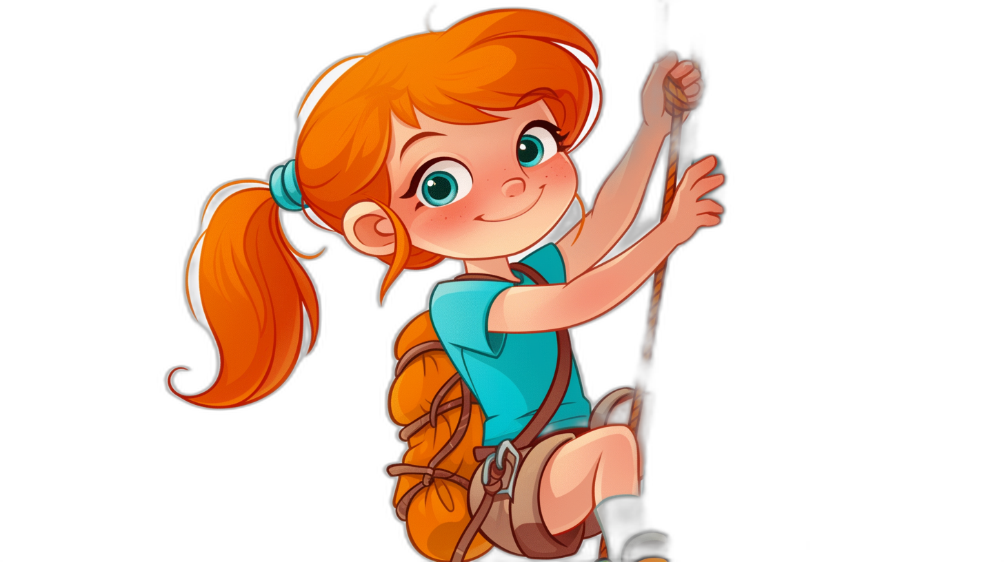 A cartoonstyle girl with orange hair in pigtails, wearing a blue short-sleeved top and black pants is climbing on a rope against a solid background. She has a brown backpack hanging from her shoulder. The illustration style should be similar to the style of Disney Pixar’s animation. Use vibrant colors for her outfit and dark tones for the rope and backdrop. Focus on making it cute and expressive, suitable for children’s books or animated film animations.