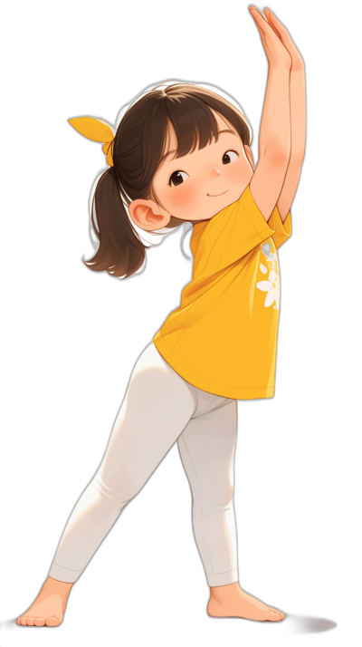 A cute little girl in a yellow t-shirt and white leggings is doing yoga in the style of a cartoon, with a simple drawing showing her full body against a black background with simple lines in a flat illustration and 2D design resembling a chibi character from a Pixar animation or Disney animation. The full-body shot has the art style of a [Studio Ghibli](https://goo.gl/search?artist%20Studio%20Ghibli) film, depicted with digital painting techniques similar to children's book illustrations, featuring a colorful palette and hyperdetailed style.