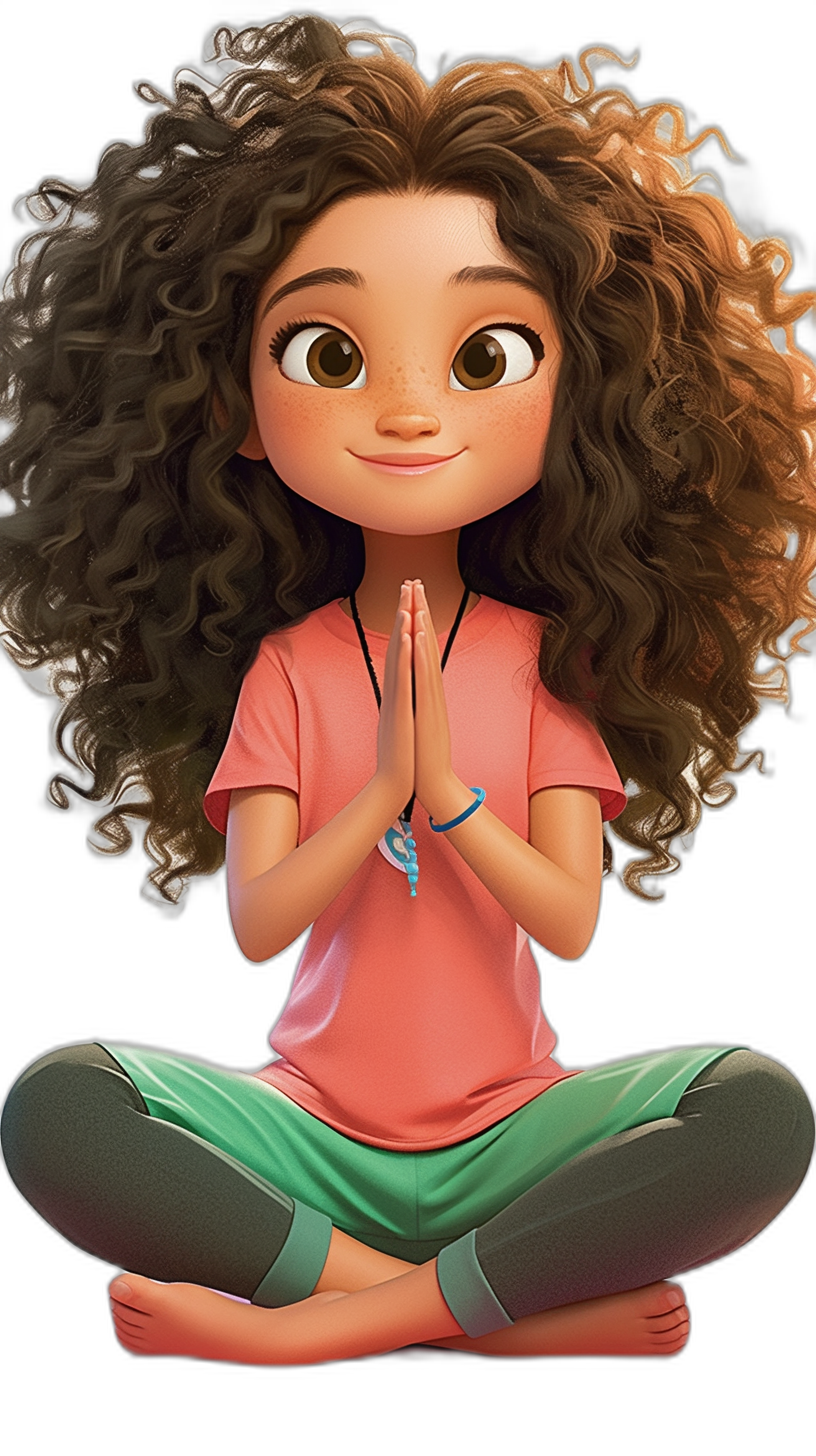 A cute curly-haired girl in a pink shirt and green pants doing yoga in the style of Disney Pixar cartoon, black background, high resolution, in the style of Disney Pixar Cartoon.