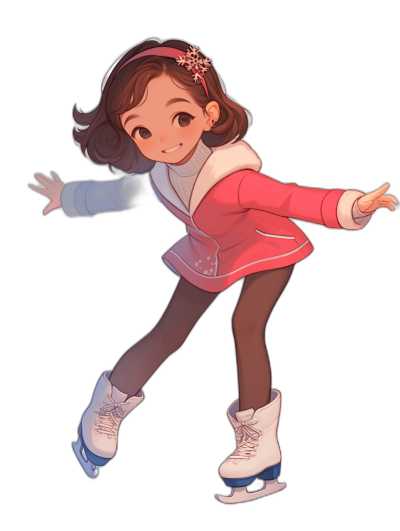 A cute little girl is ice skating, wearing white skates and a red jacket with a snowflake patterned decoration on the collar, dark brown hair in a short braid, a full body portrait, a simple black background, a simple illustration style, a chibi character design, a cartoon anime character, simple facial features, a happy expression, a lively movement captured, natural lighting, studio lights.