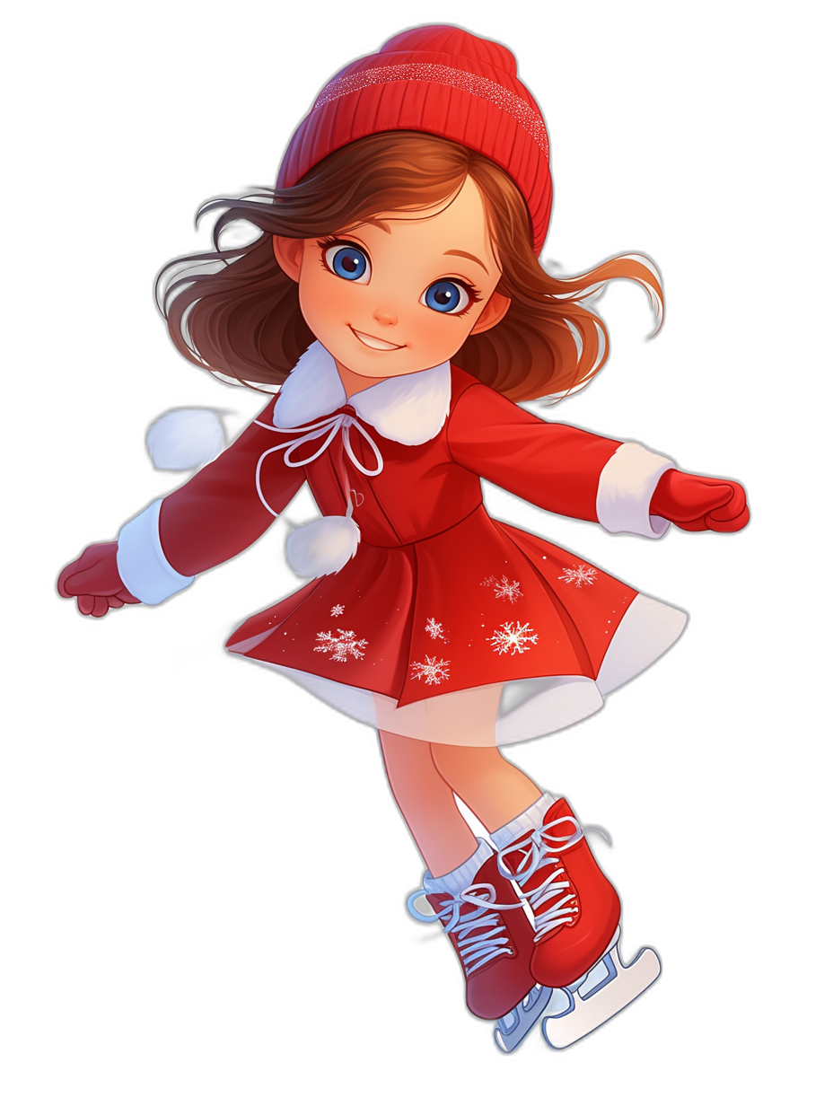 Cute girl wearing a red dress and white gloves, ice skating with blue eyes, smiling, full body portrait with a black background, red hat, in the style of cartoon style, in the style of Disney Pixar animation character design, happy expression, cartoon illustration, cute little doll shoes, wearing winter , wearing skates on her feet.