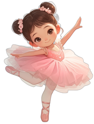 chibi style drawing of a ballerina in a pink tutu, full body shot, on a black background, cute and dreamy, detailed character illustrations, cute cartoonish designs, artstation, simple, 2D game graphics, a cute little girl with brown hair in a bun wearing pointe shoes, wearing a headband, in the style of various artists.